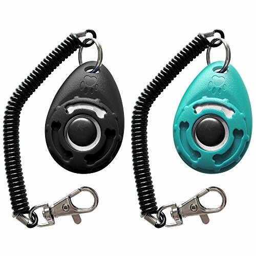 Two dog training clickers, one black and one blue, with coiled straps and metal clips.