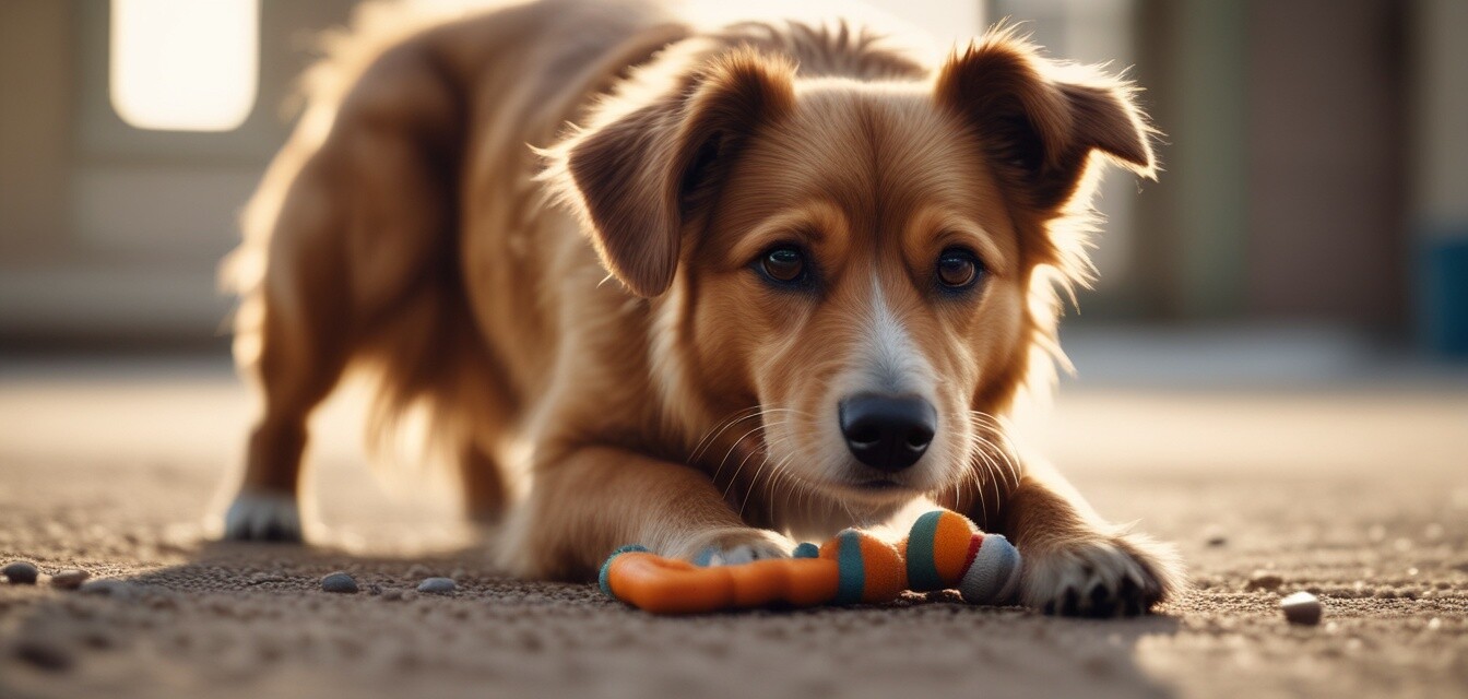 Dog enjoying a treat dispensing toy