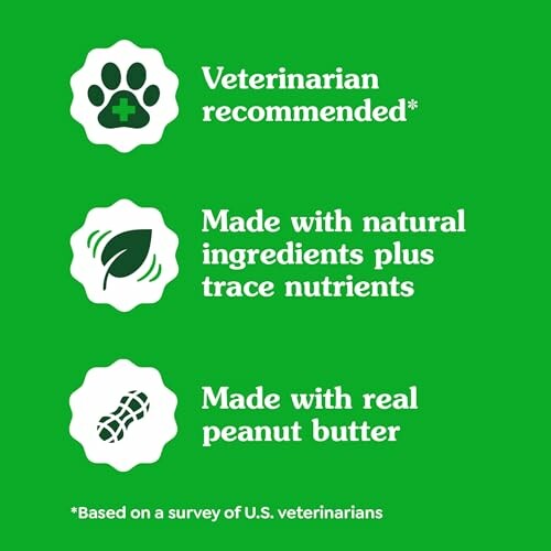 Pet food claims: veterinarian recommended, natural ingredients, real peanut butter.