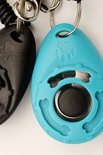 Two pet training clickers, one blue and one black, with paw print designs.
